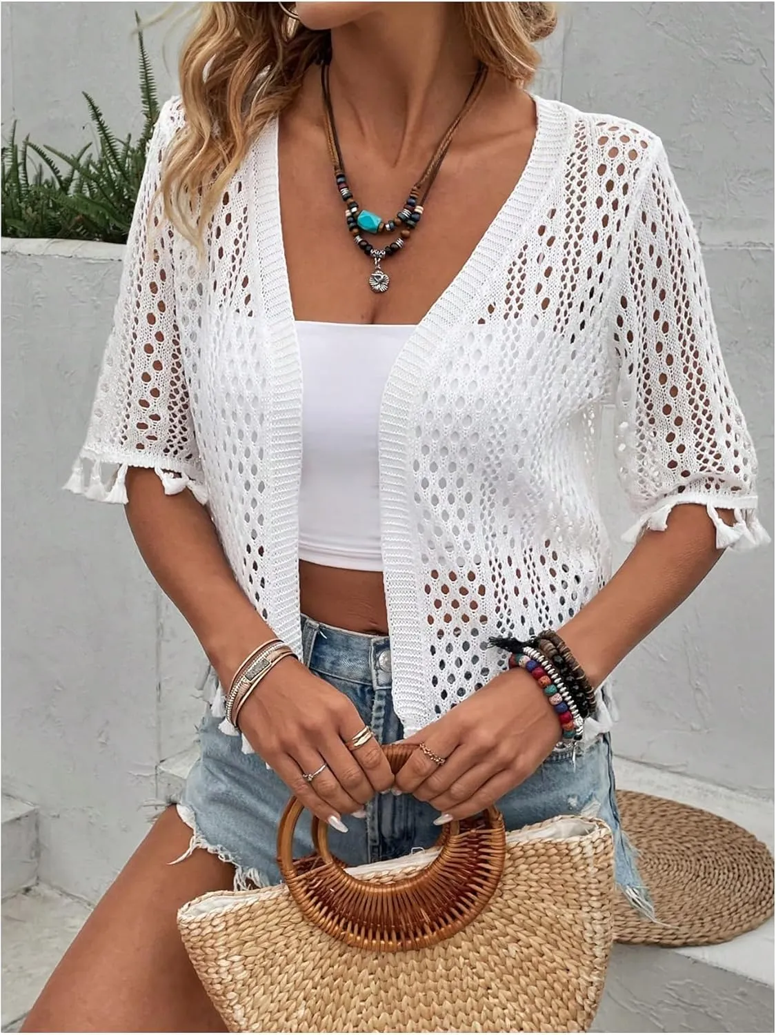 Floerns Women's Tassel Trim Half Sleeve Open Front Knitted Cardigan Sweater