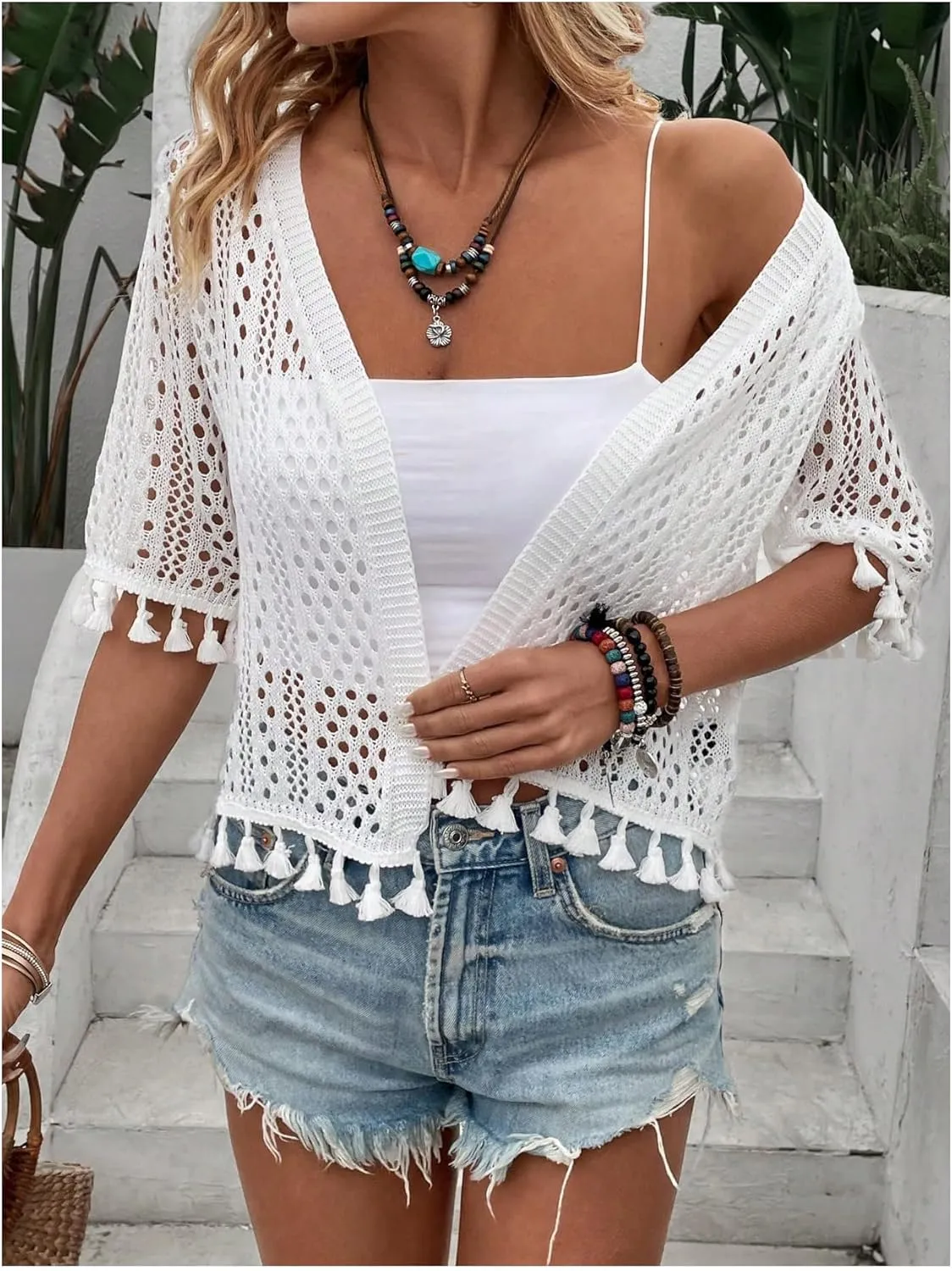 Floerns Women's Tassel Trim Half Sleeve Open Front Knitted Cardigan Sweater