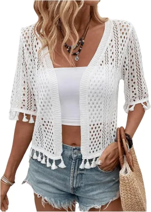 Floerns Women's Tassel Trim Half Sleeve Open Front Knitted Cardigan Sweater