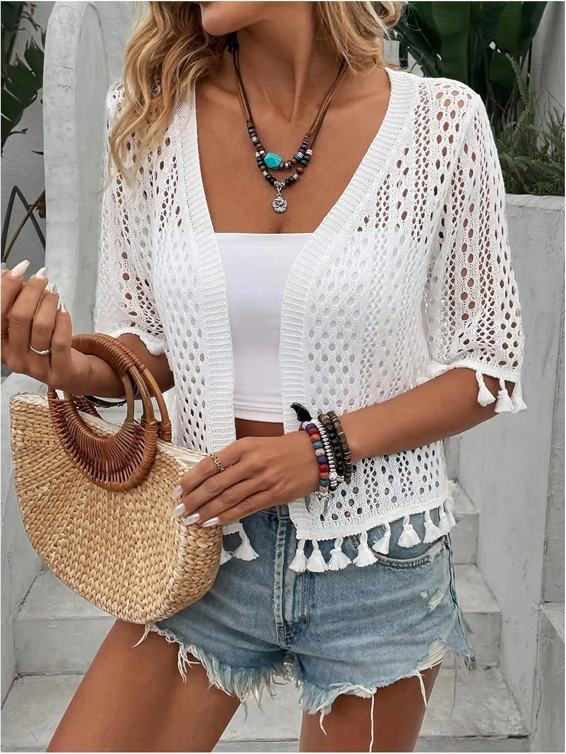 Floerns Women's Tassel Trim Half Sleeve Open Front Knitted Cardigan Sweater