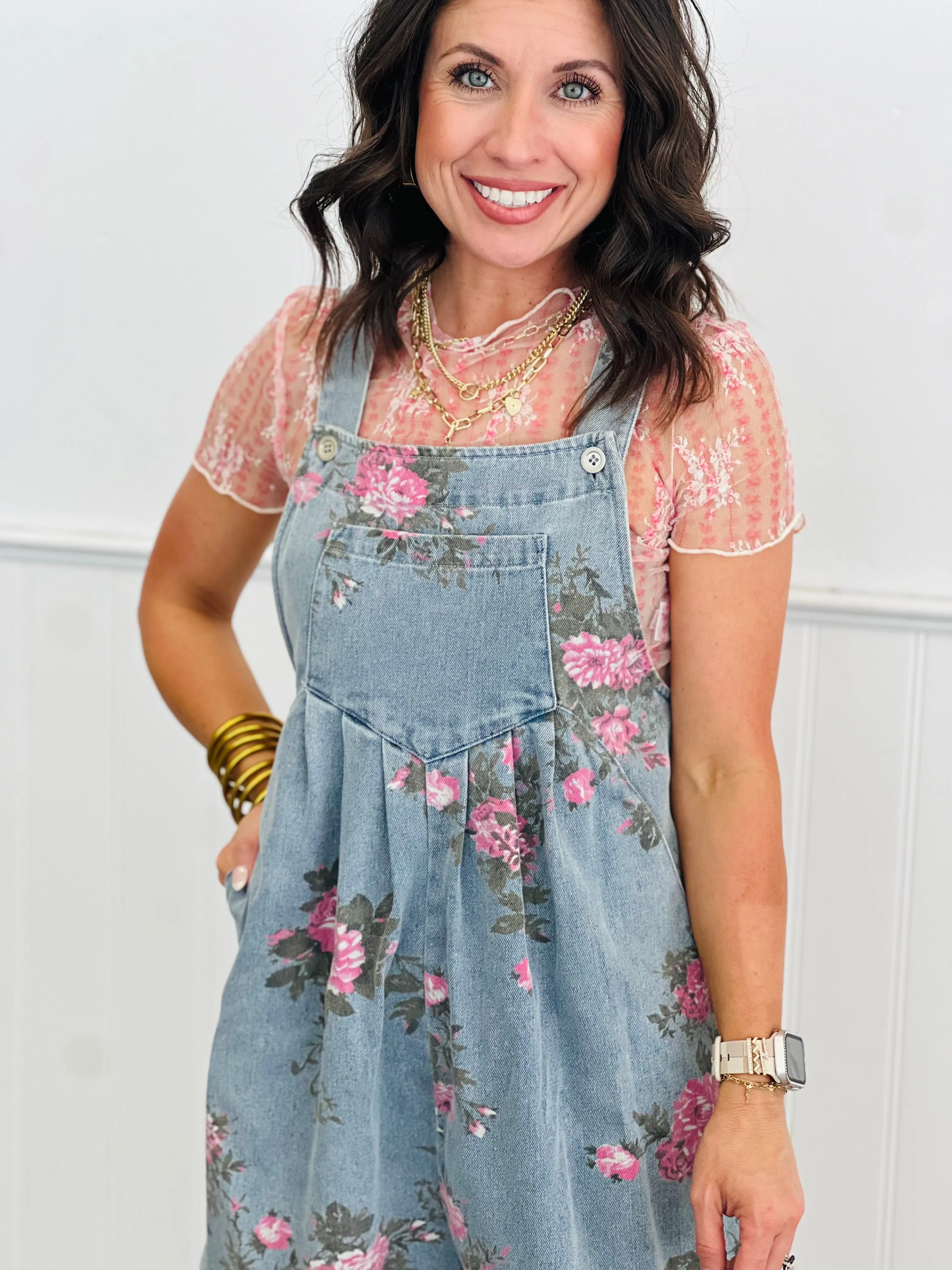 Floral Washed Denim Wide Leg Shortalls (Reg.)