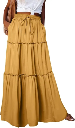 Flowy Maxi Skirt for Women Trendy Boho Hawaiian Elastic High Waisted Skirts Tiered Floral Beach Vacation Long Skirt