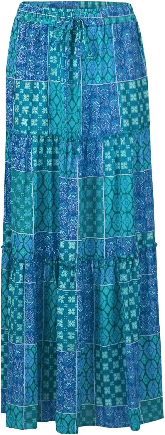 Flowy Maxi Skirt for Women Trendy Boho Hawaiian Elastic High Waisted Skirts Tiered Floral Beach Vacation Long Skirt
