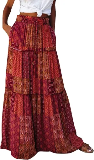 Flowy Maxi Skirt for Women Trendy Boho Hawaiian Elastic High Waisted Skirts Tiered Floral Beach Vacation Long Skirt
