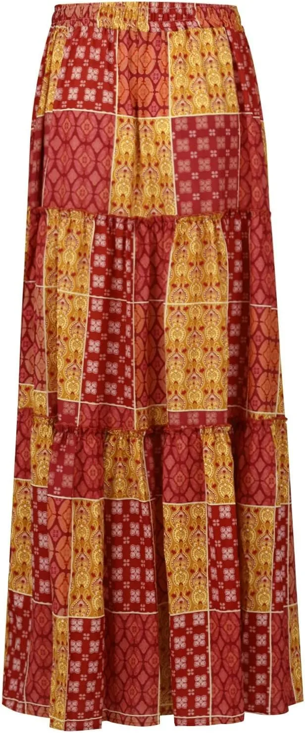 Flowy Maxi Skirt for Women Trendy Boho Hawaiian Elastic High Waisted Skirts Tiered Floral Beach Vacation Long Skirt