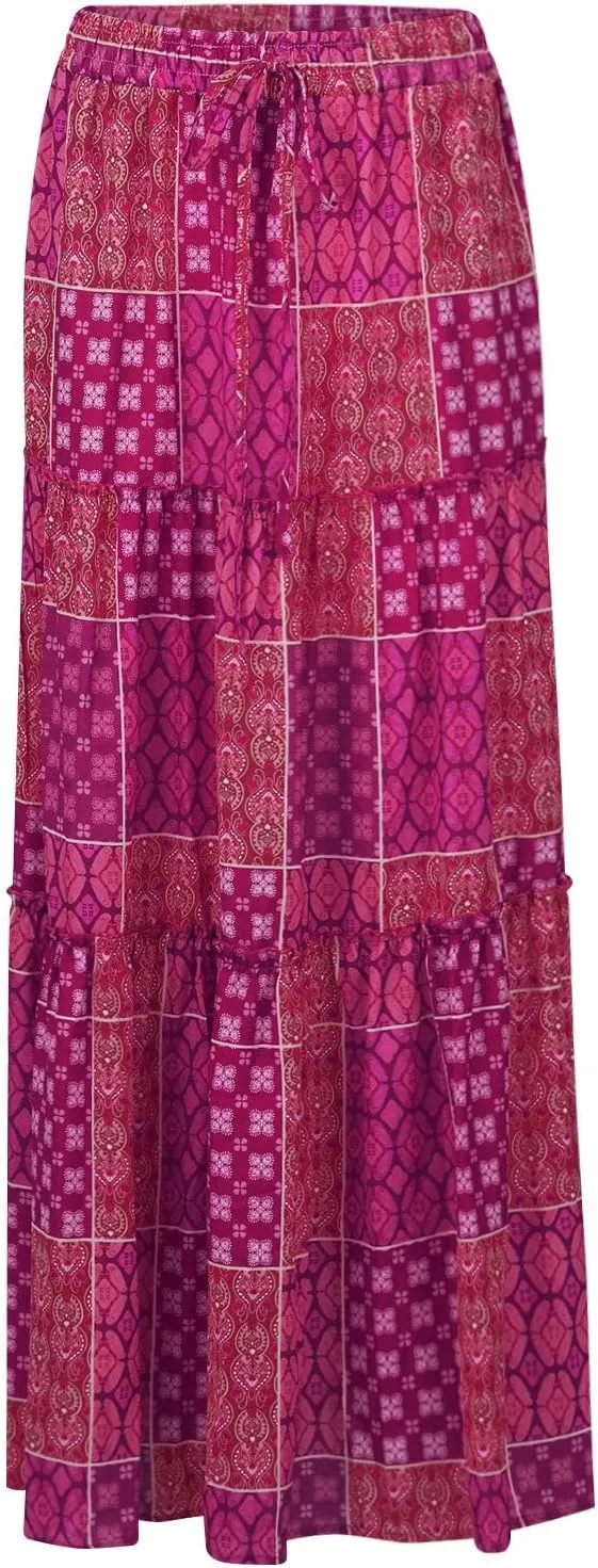 Flowy Maxi Skirt for Women Trendy Boho Hawaiian Elastic High Waisted Skirts Tiered Floral Beach Vacation Long Skirt