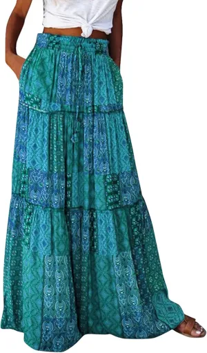 Flowy Maxi Skirt for Women Trendy Boho Hawaiian Elastic High Waisted Skirts Tiered Floral Beach Vacation Long Skirt