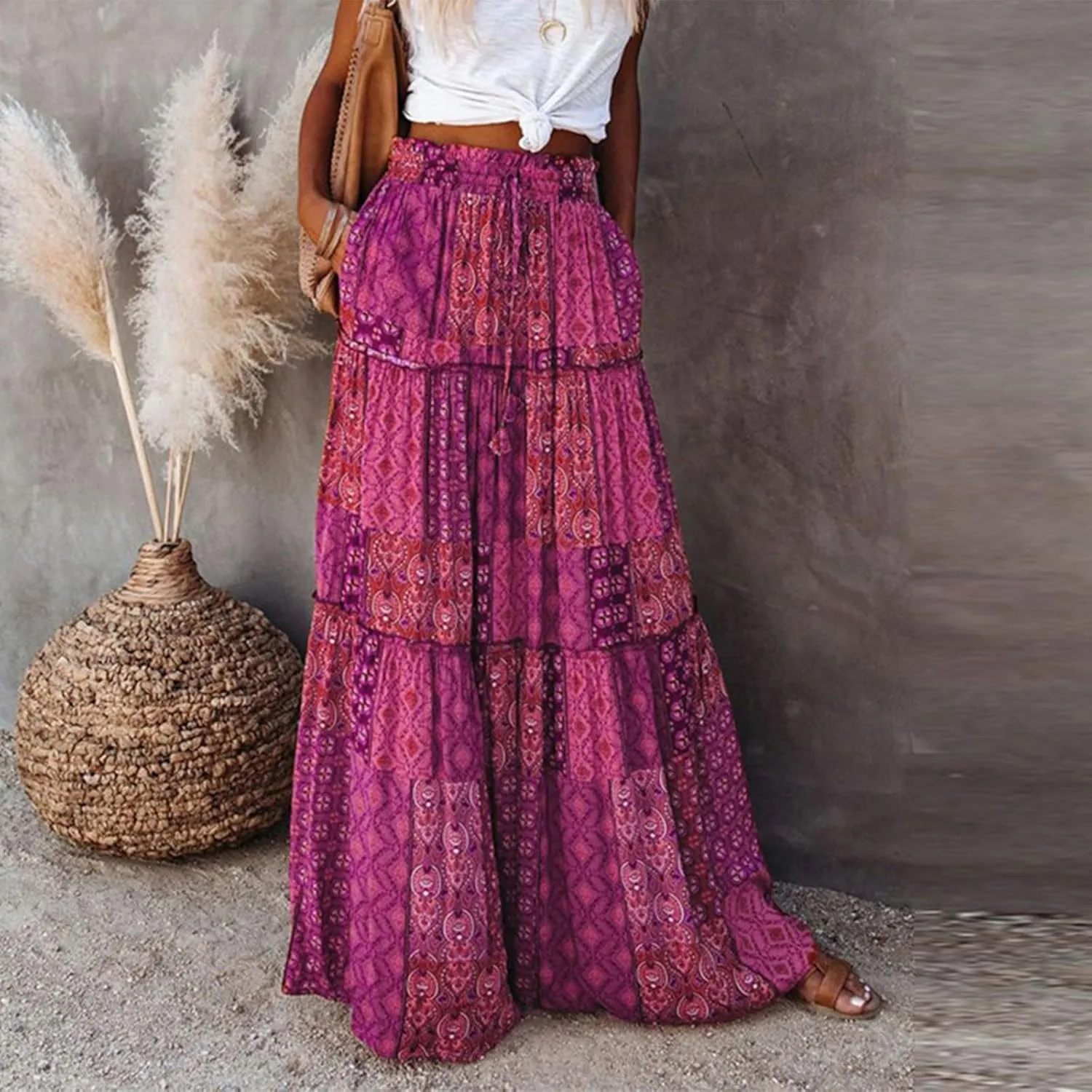 Flowy Maxi Skirt for Women Trendy Boho Hawaiian Elastic High Waisted Skirts Tiered Floral Beach Vacation Long Skirt
