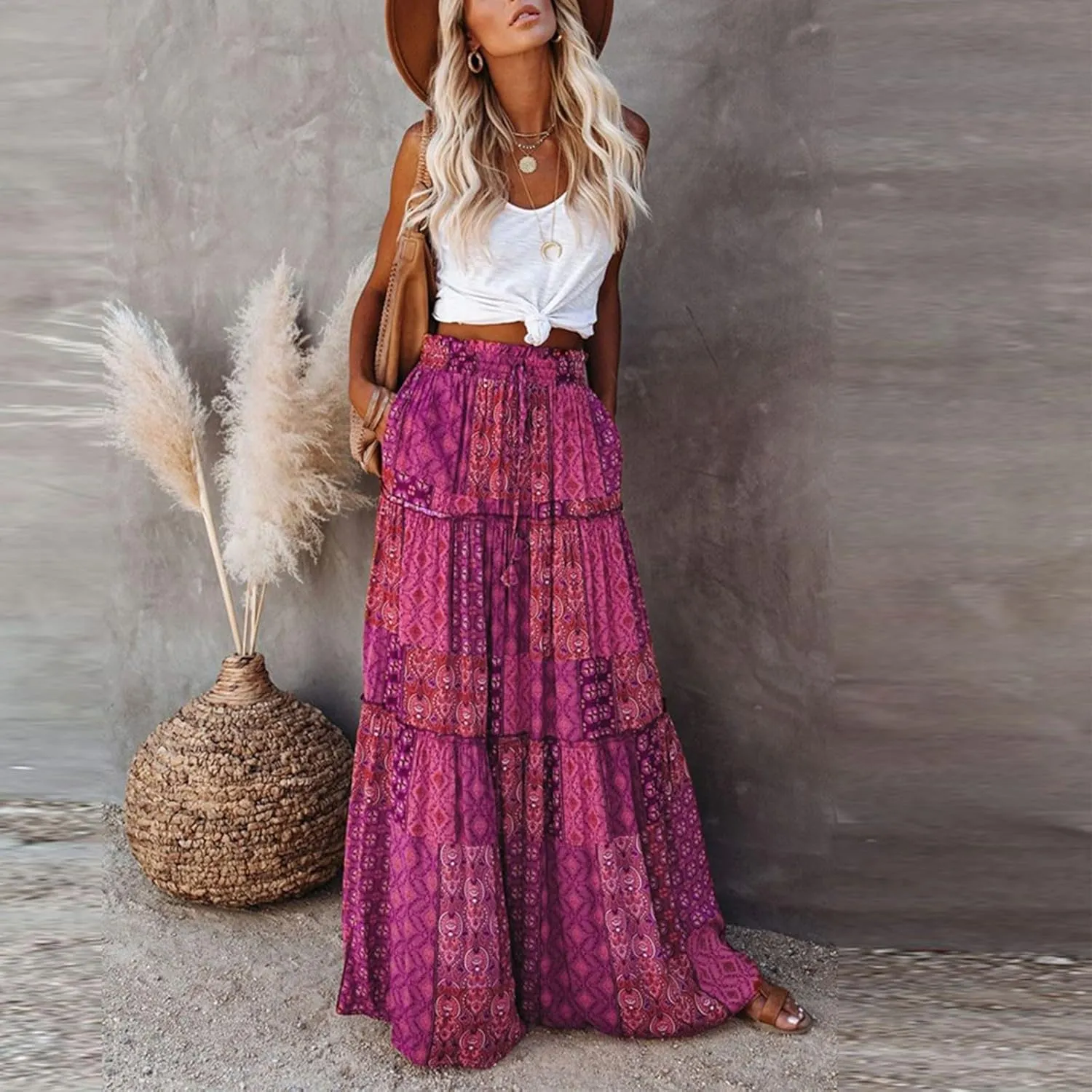 Flowy Maxi Skirt for Women Trendy Boho Hawaiian Elastic High Waisted Skirts Tiered Floral Beach Vacation Long Skirt