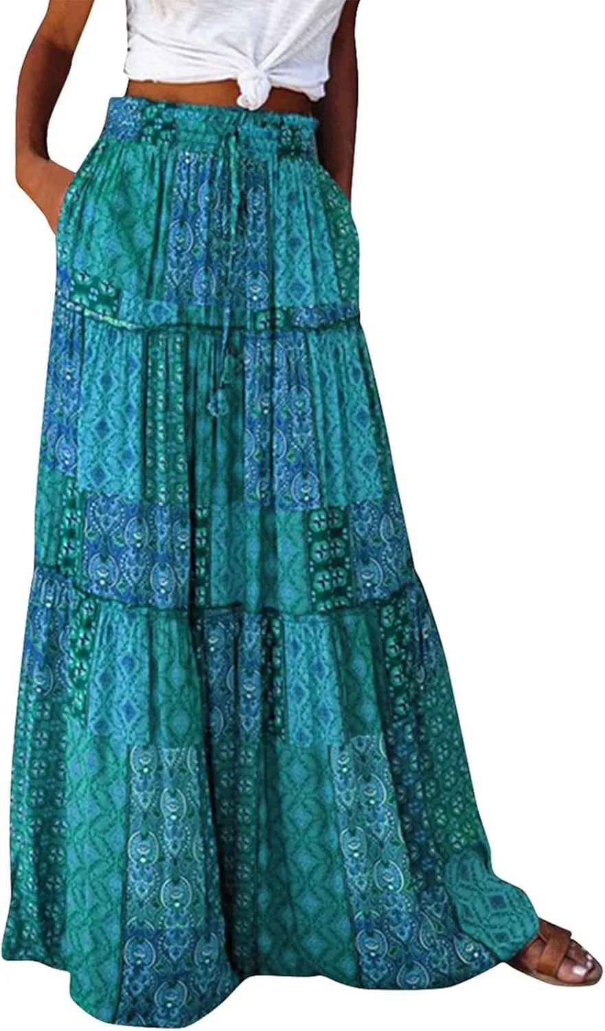 Flowy Maxi Skirt for Women Trendy Boho Hawaiian Elastic High Waisted Skirts Tiered Floral Beach Vacation Long Skirt