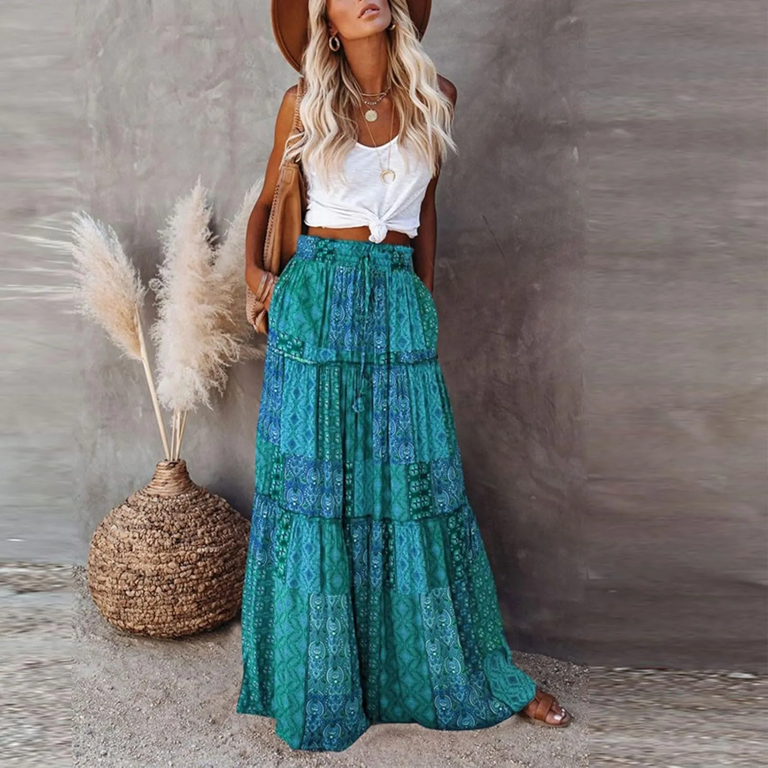 Flowy Maxi Skirt for Women Trendy Boho Hawaiian Elastic High Waisted Skirts Tiered Floral Beach Vacation Long Skirt