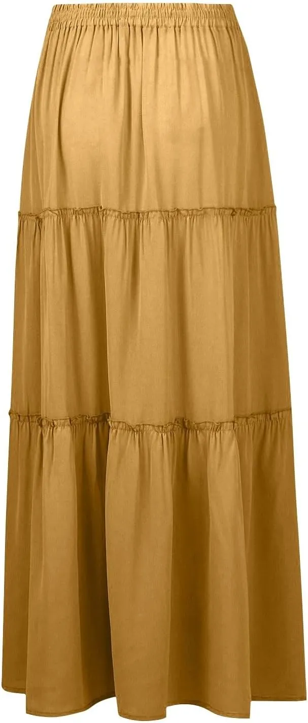 Flowy Maxi Skirt for Women Trendy Boho Hawaiian Elastic High Waisted Skirts Tiered Floral Beach Vacation Long Skirt