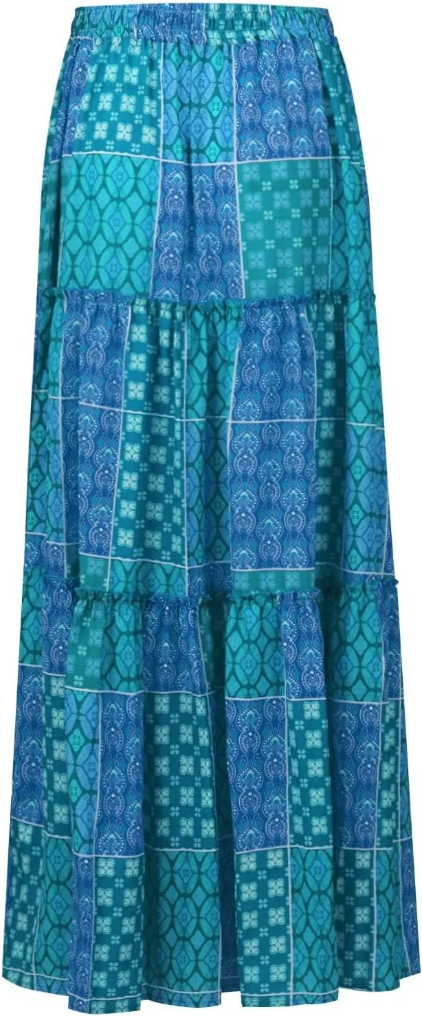 Flowy Maxi Skirt for Women Trendy Boho Hawaiian Elastic High Waisted Skirts Tiered Floral Beach Vacation Long Skirt