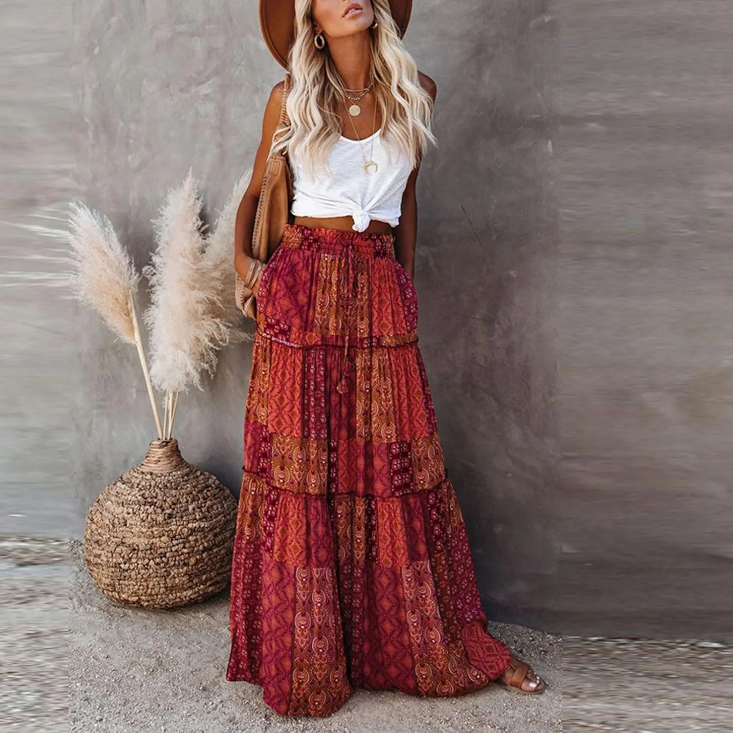 Flowy Maxi Skirt for Women Trendy Boho Hawaiian Elastic High Waisted Skirts Tiered Floral Beach Vacation Long Skirt