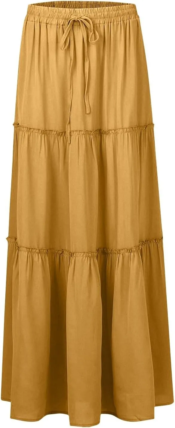 Flowy Maxi Skirt for Women Trendy Boho Hawaiian Elastic High Waisted Skirts Tiered Floral Beach Vacation Long Skirt