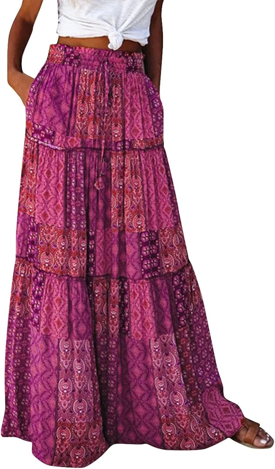 Flowy Maxi Skirt for Women Trendy Boho Hawaiian Elastic High Waisted Skirts Tiered Floral Beach Vacation Long Skirt