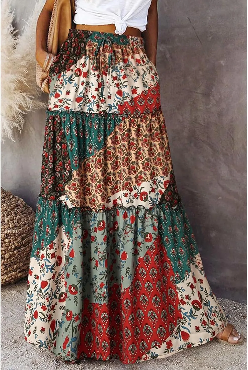 Flowy Maxi Skirt for Women Trendy Boho Hawaiian Elastic High Waisted Skirts Tiered Floral Beach Vacation Long Skirt