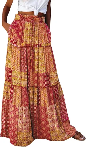 Flowy Maxi Skirt for Women Trendy Boho Hawaiian Elastic High Waisted Skirts Tiered Floral Beach Vacation Long Skirt