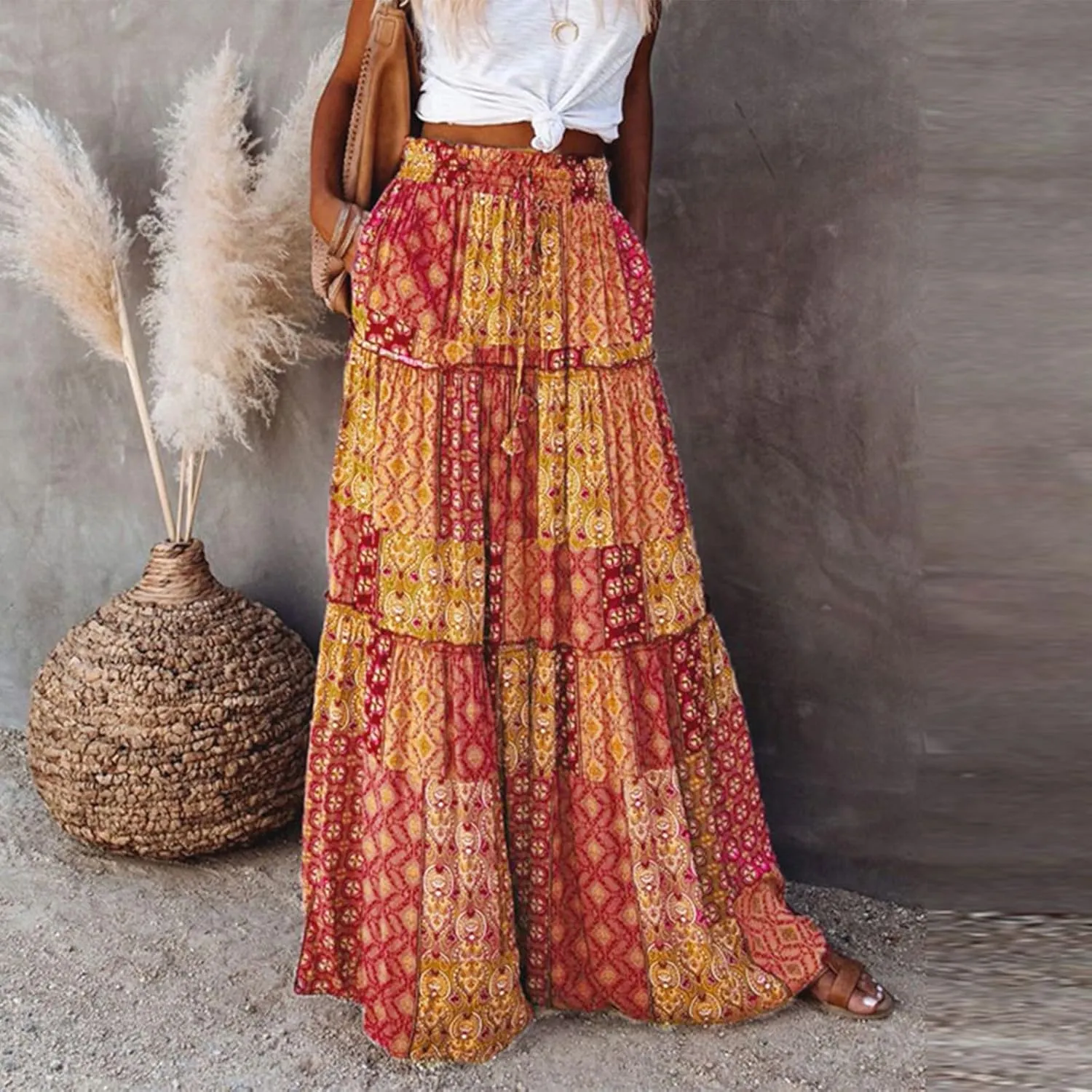 Flowy Maxi Skirt for Women Trendy Boho Hawaiian Elastic High Waisted Skirts Tiered Floral Beach Vacation Long Skirt