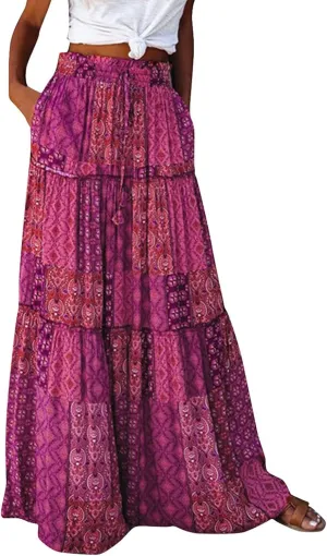 Flowy Maxi Skirt for Women Trendy Boho Hawaiian Elastic High Waisted Skirts Tiered Floral Beach Vacation Long Skirt