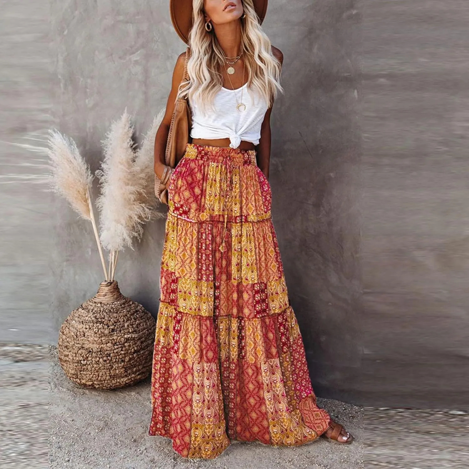 Flowy Maxi Skirt for Women Trendy Boho Hawaiian Elastic High Waisted Skirts Tiered Floral Beach Vacation Long Skirt
