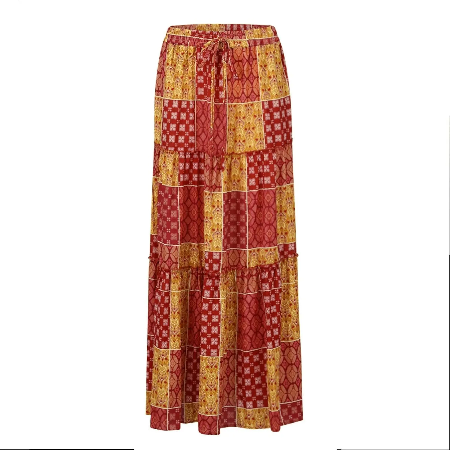Flowy Maxi Skirt for Women Trendy Boho Hawaiian Elastic High Waisted Skirts Tiered Floral Beach Vacation Long Skirt