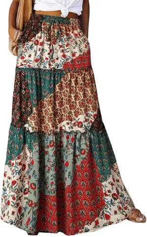 Flowy Maxi Skirt for Women Trendy Boho Hawaiian Elastic High Waisted Skirts Tiered Floral Beach Vacation Long Skirt