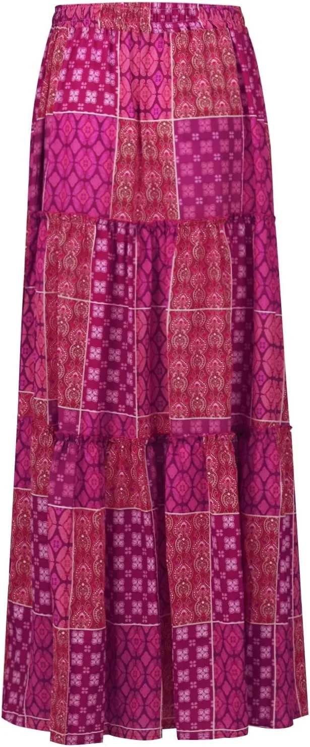 Flowy Maxi Skirt for Women Trendy Boho Hawaiian Elastic High Waisted Skirts Tiered Floral Beach Vacation Long Skirt