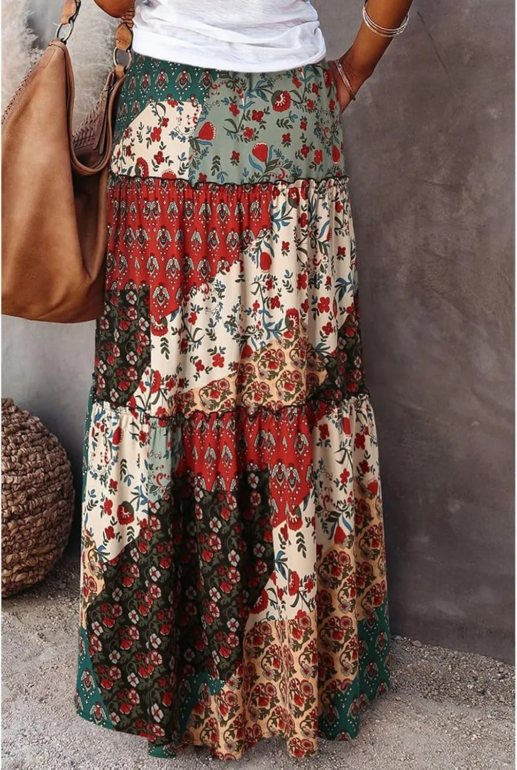 Flowy Maxi Skirt for Women Trendy Boho Hawaiian Elastic High Waisted Skirts Tiered Floral Beach Vacation Long Skirt