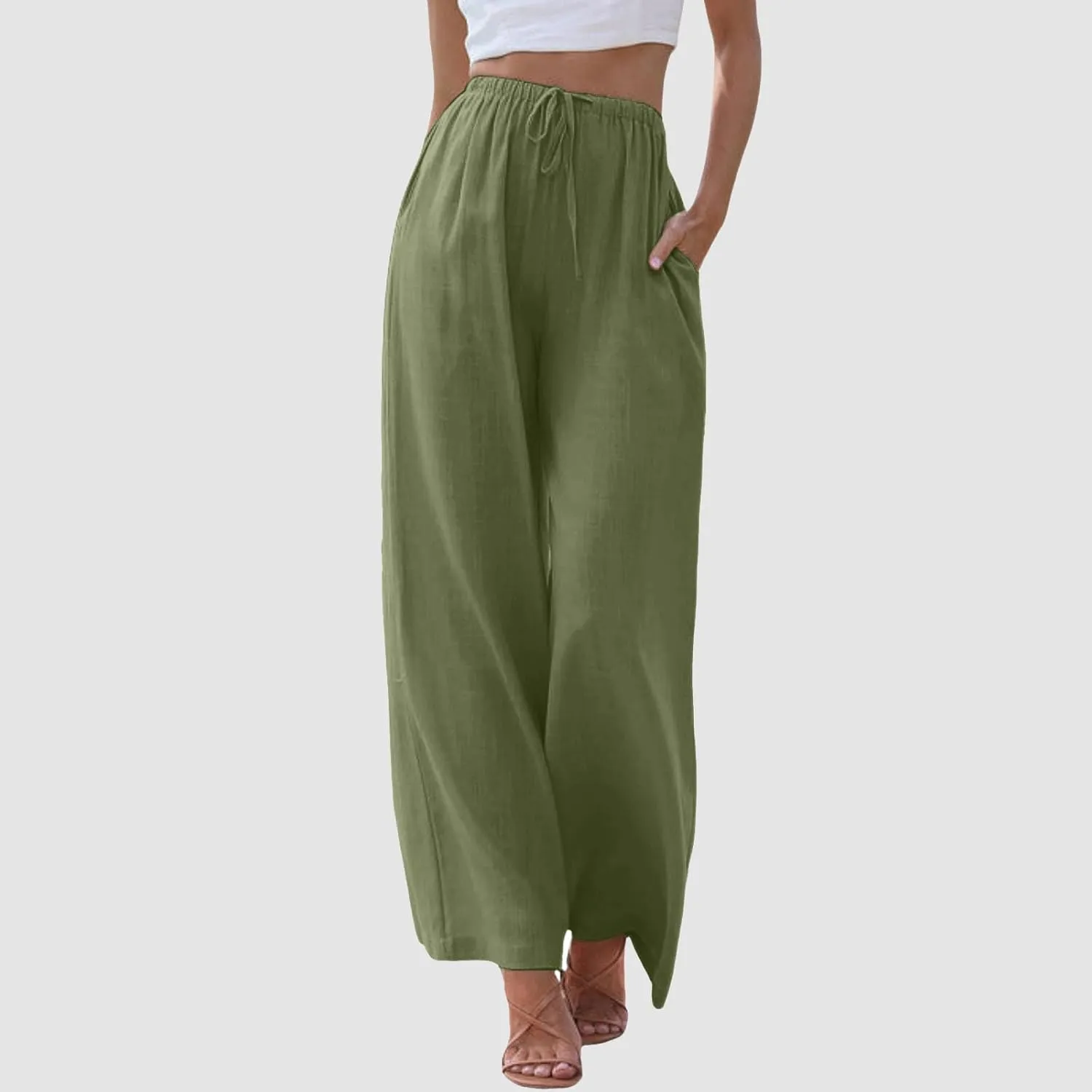 Flowy Pants for Women Linen Summer Casual Vacation Trouser Wide Leg Drawstring High Waist Palazzo Pants with Pocket