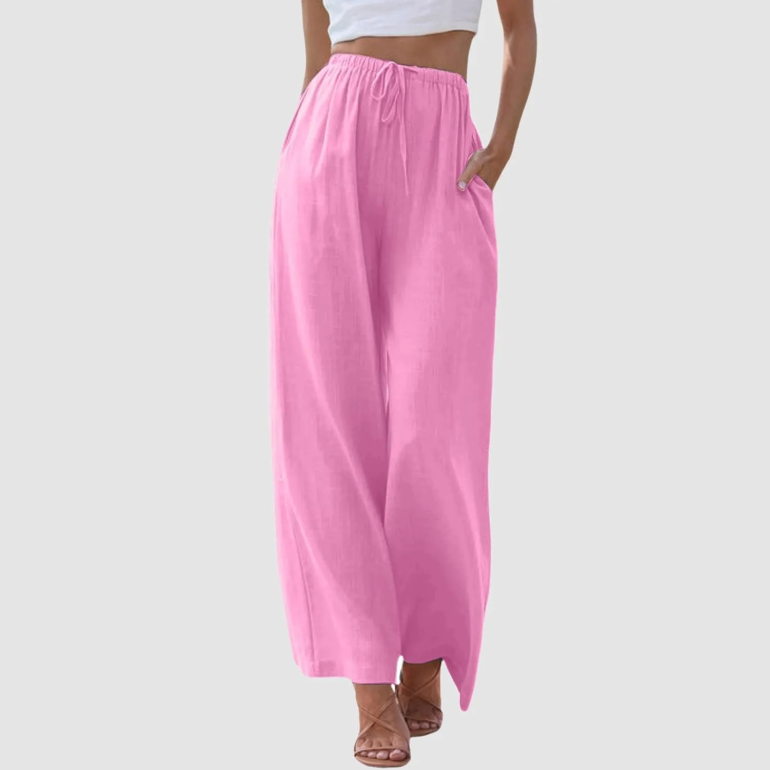 Flowy Pants for Women Linen Summer Casual Vacation Trouser Wide Leg Drawstring High Waist Palazzo Pants with Pocket