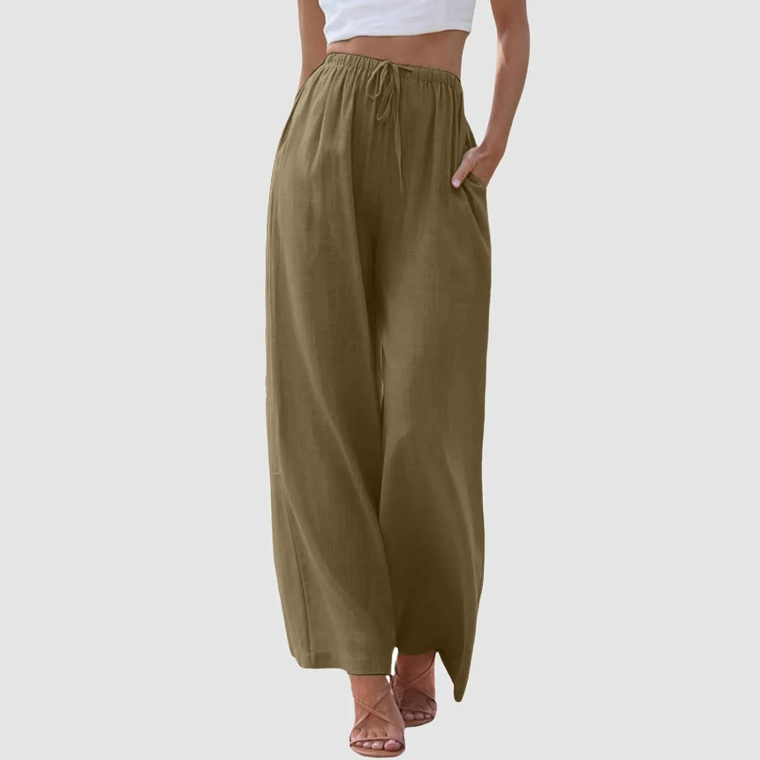 Flowy Pants for Women Linen Summer Casual Vacation Trouser Wide Leg Drawstring High Waist Palazzo Pants with Pocket