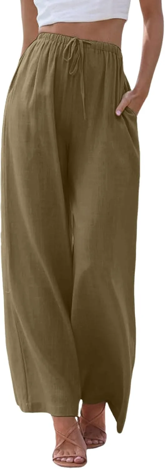 Flowy Pants for Women Linen Summer Casual Vacation Trouser Wide Leg Drawstring High Waist Palazzo Pants with Pocket