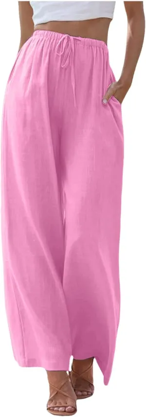 Flowy Pants for Women Linen Summer Casual Vacation Trouser Wide Leg Drawstring High Waist Palazzo Pants with Pocket