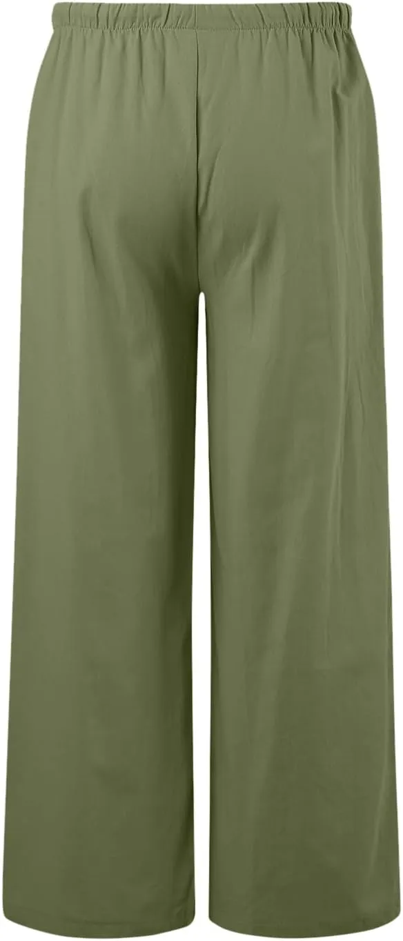 Flowy Pants for Women Linen Summer Casual Vacation Trouser Wide Leg Drawstring High Waist Palazzo Pants with Pocket