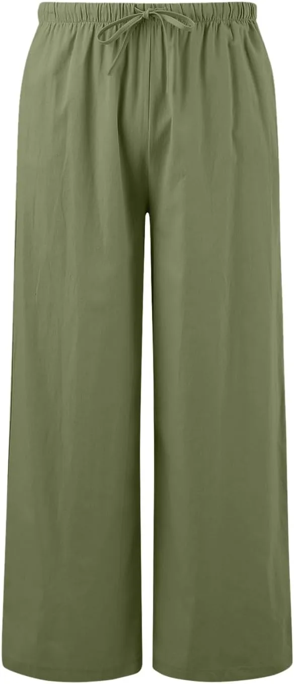 Flowy Pants for Women Linen Summer Casual Vacation Trouser Wide Leg Drawstring High Waist Palazzo Pants with Pocket