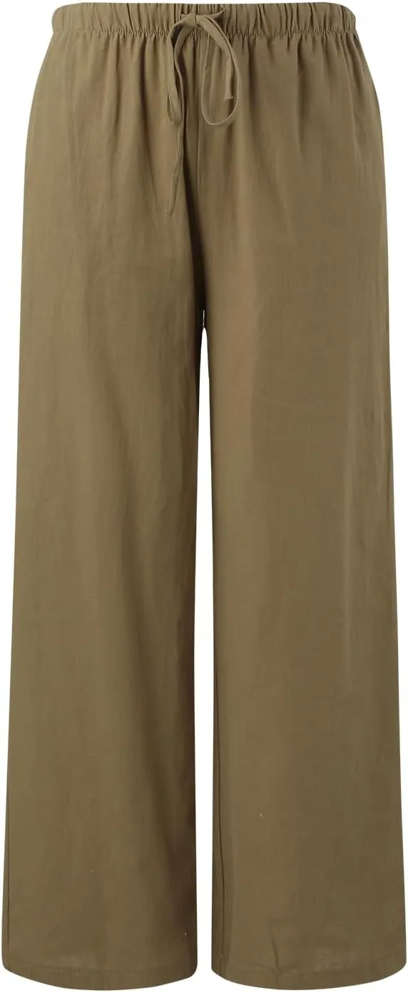 Flowy Pants for Women Linen Summer Casual Vacation Trouser Wide Leg Drawstring High Waist Palazzo Pants with Pocket