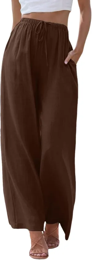 Flowy Pants for Women Linen Summer Casual Vacation Trouser Wide Leg Drawstring High Waist Palazzo Pants with Pocket