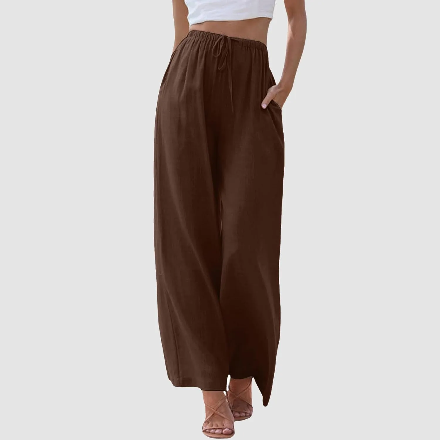 Flowy Pants for Women Linen Summer Casual Vacation Trouser Wide Leg Drawstring High Waist Palazzo Pants with Pocket