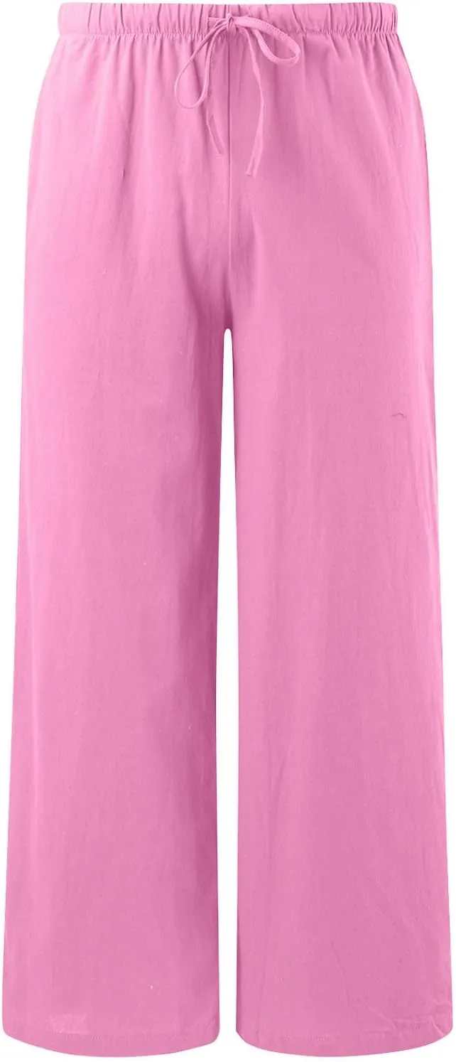 Flowy Pants for Women Linen Summer Casual Vacation Trouser Wide Leg Drawstring High Waist Palazzo Pants with Pocket