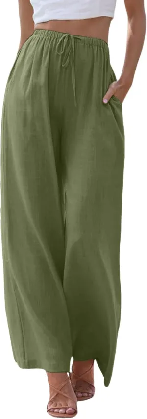 Flowy Pants for Women Linen Summer Casual Vacation Trouser Wide Leg Drawstring High Waist Palazzo Pants with Pocket