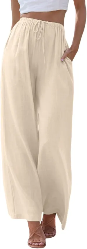 Flowy Pants for Women Linen Summer Casual Vacation Trouser Wide Leg Drawstring High Waist Palazzo Pants with Pocket