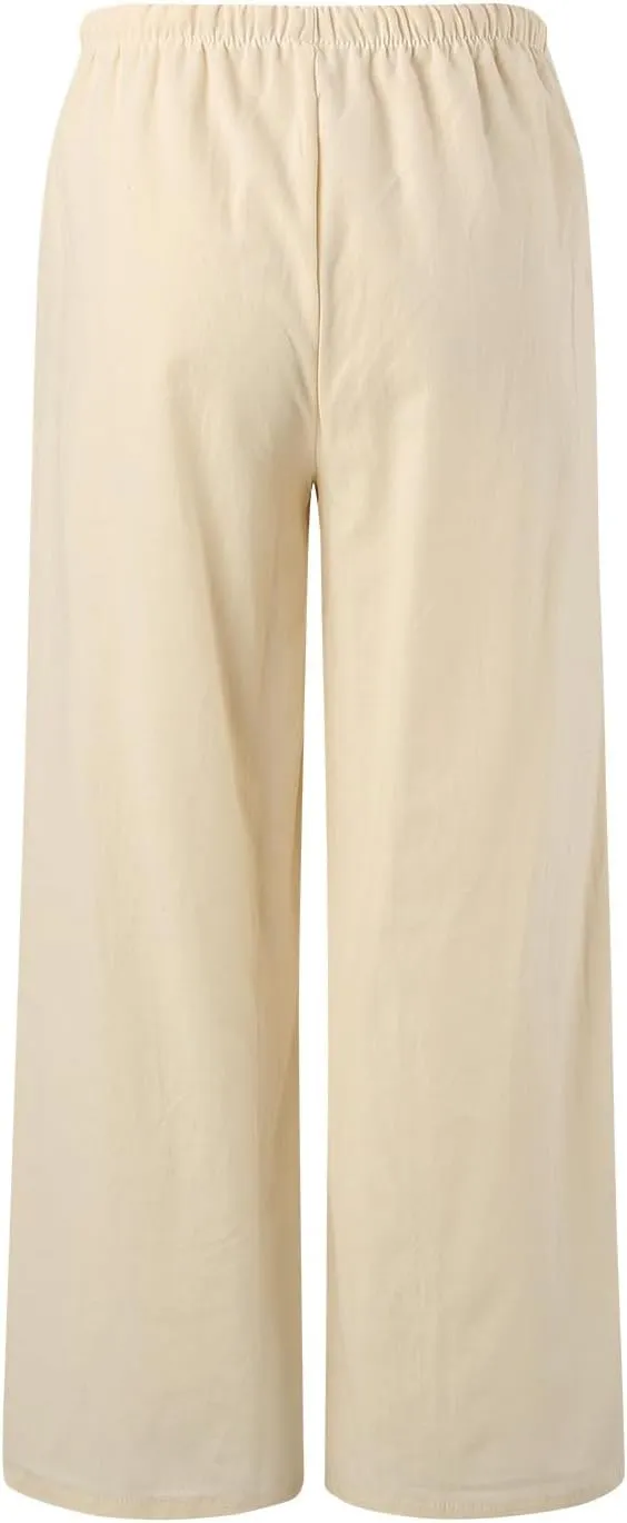 Flowy Pants for Women Linen Summer Casual Vacation Trouser Wide Leg Drawstring High Waist Palazzo Pants with Pocket