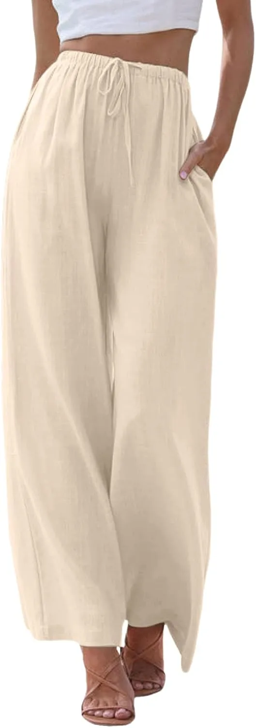 Flowy Pants for Women Linen Summer Casual Vacation Trouser Wide Leg Drawstring High Waist Palazzo Pants with Pocket