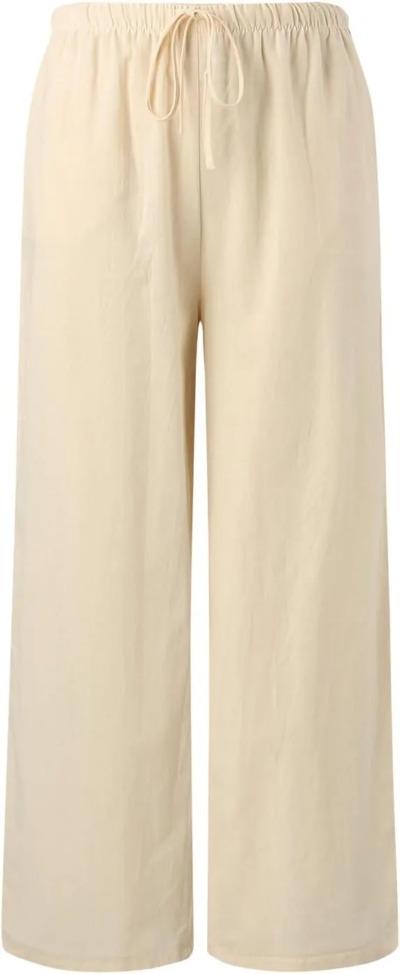 Flowy Pants for Women Linen Summer Casual Vacation Trouser Wide Leg Drawstring High Waist Palazzo Pants with Pocket