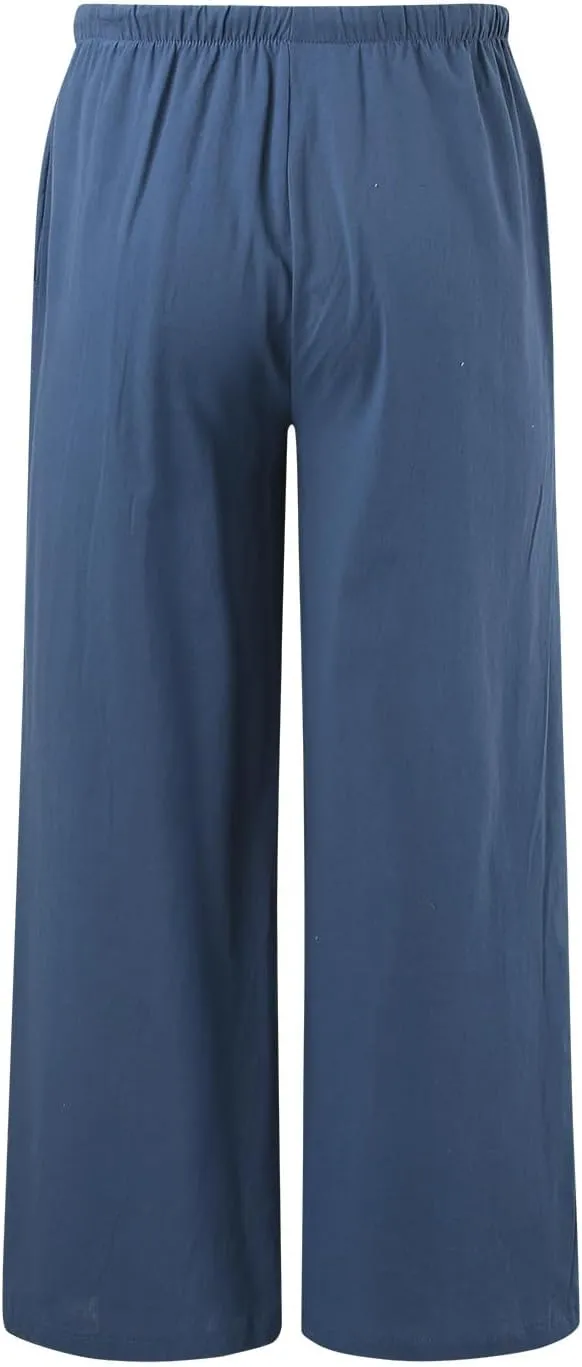 Flowy Pants for Women Linen Summer Casual Vacation Trouser Wide Leg Drawstring High Waist Palazzo Pants with Pocket