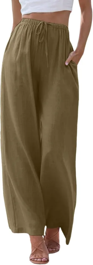 Flowy Pants for Women Linen Summer Casual Vacation Trouser Wide Leg Drawstring High Waist Palazzo Pants with Pocket