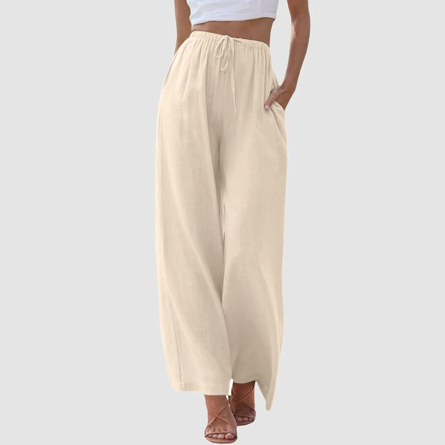 Flowy Pants for Women Linen Summer Casual Vacation Trouser Wide Leg Drawstring High Waist Palazzo Pants with Pocket