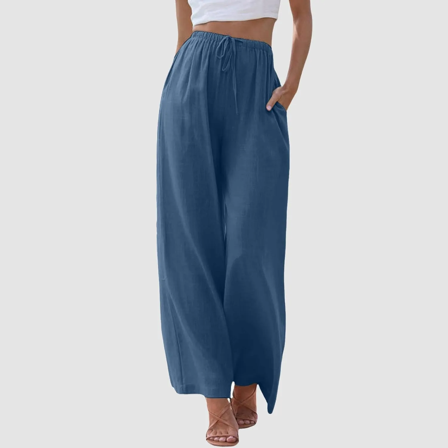 Flowy Pants for Women Linen Summer Casual Vacation Trouser Wide Leg Drawstring High Waist Palazzo Pants with Pocket