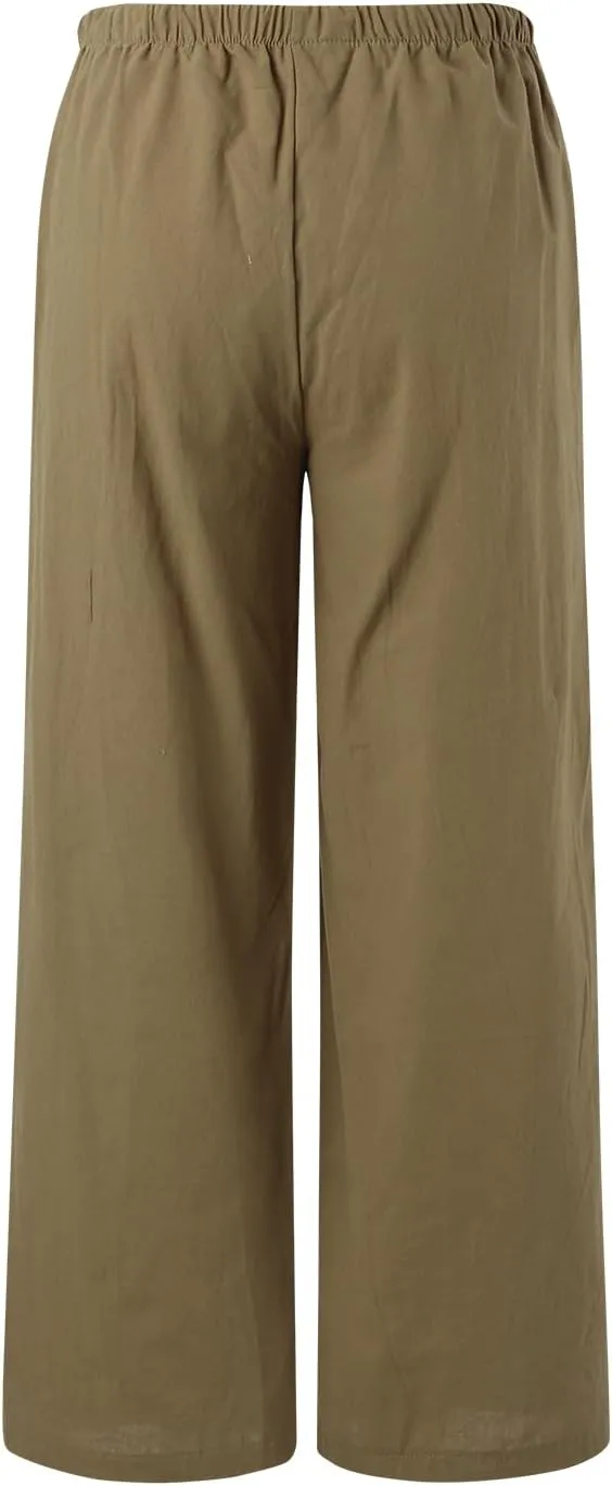 Flowy Pants for Women Linen Summer Casual Vacation Trouser Wide Leg Drawstring High Waist Palazzo Pants with Pocket